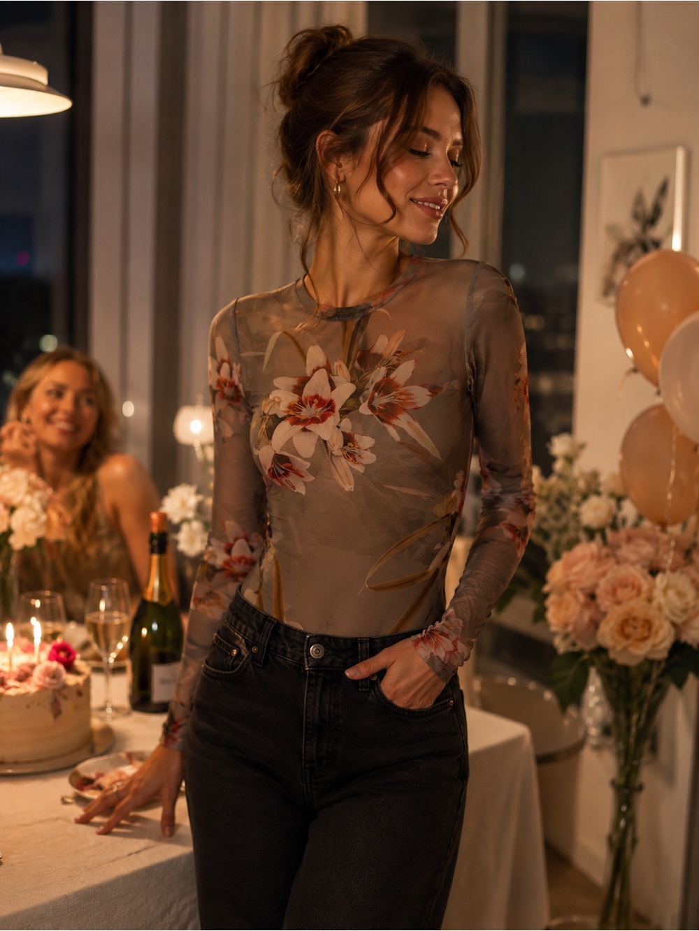 AllSaints US 0 Floral Mesh Bodysuit Sheer Long Sleeve Stretch Second Skin Top